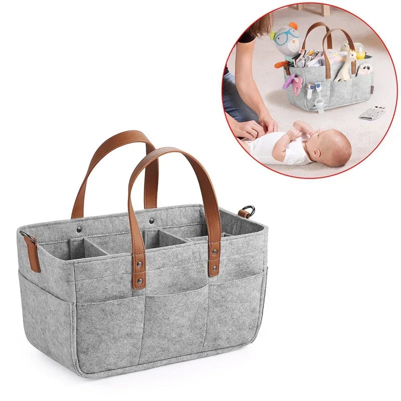 KidEase™ Felt Nursery Storage Basket – Diaper Caddy Organizer with Handle, Large Pocket Infant Diaper Bag Carrier